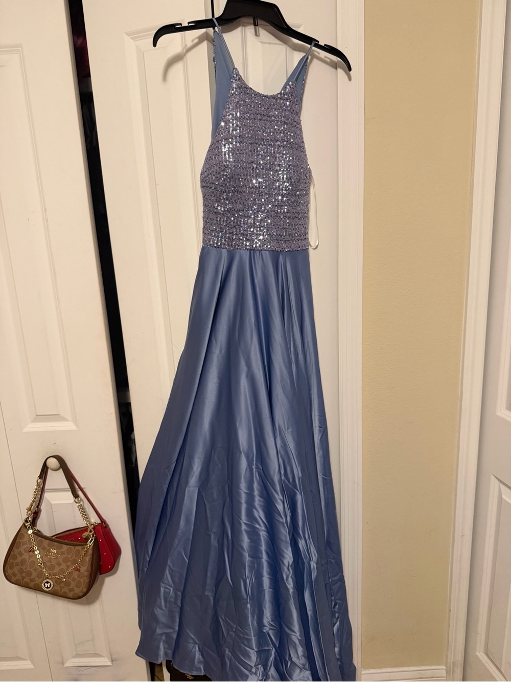 Sequin Bodice Halter Evening Dress in Dusty Blue